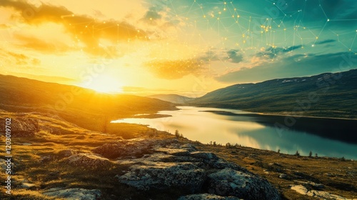 Scenic Mountain Lake Sunset with Network Overlay