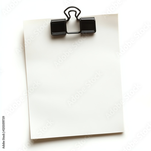 Blank paper sheet clipped with a binder clip, isolated on white background