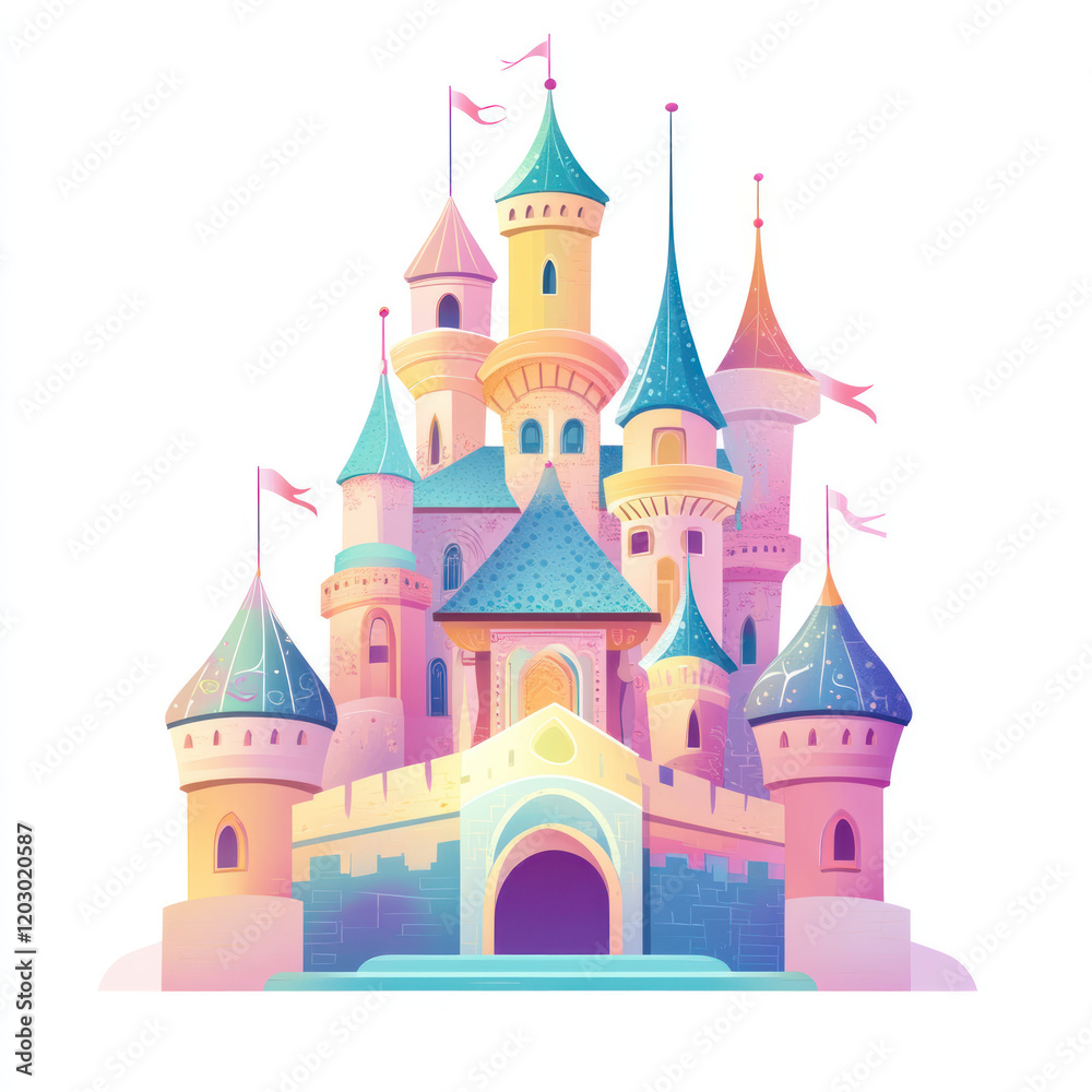 Illustration - Majestic Castle with Colorful Towers, Flags, and Grand Entrance Illustration - Majestic Castle with Colorful Towers, Flags, and Grand Entrance