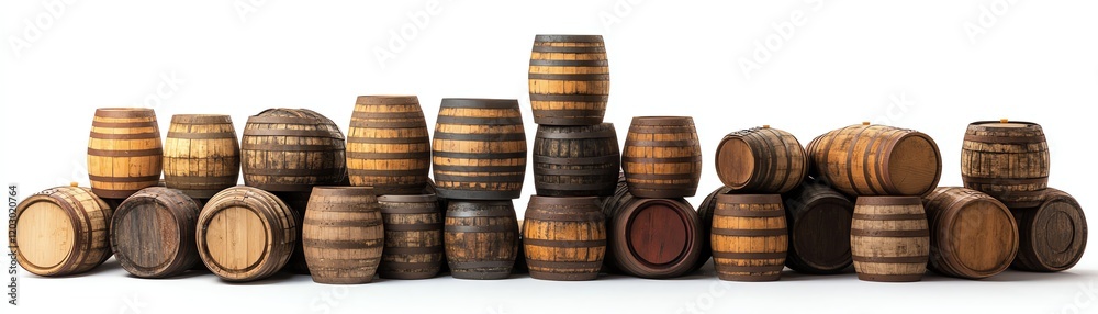 Assorted wooden barrels, white isolated background Assorted wooden barrels, white isolated background