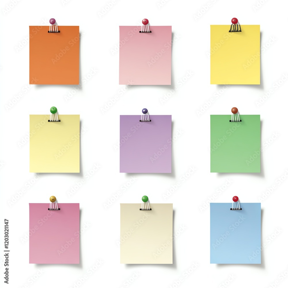 Colorful sticky notes arranged in a grid on a white background. Colorful sticky notes arranged in a grid on a white background.