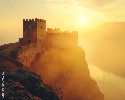 Ethereal Fortress Silhouette Misty Stone Castle on Hilltop - Cinematic Heritage Content and Cultural Tourism Marketing for Historical Preservation Industries photo