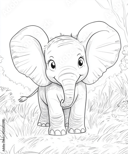 Adorable Baby Elephant in a Savanna Line Art Coloring