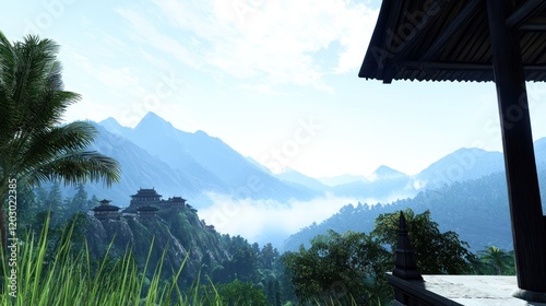 Misty Mountaintop Temple View