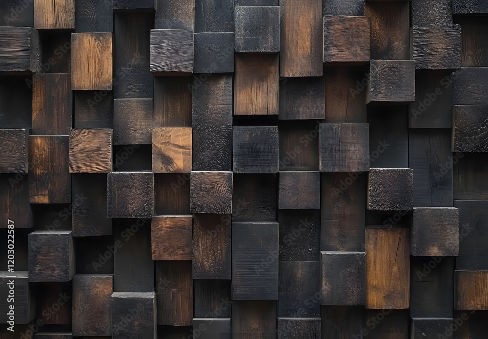 Modern 3D Wooden Wall Texture with Dark Brown Cubes Modern 3D Wooden Wall Texture with Dark Brown Cubes