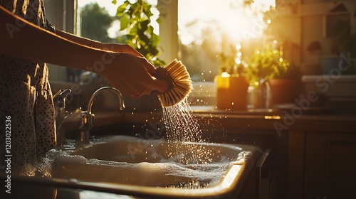 Woman rinsing a dish brush under running water in a kitchen sink