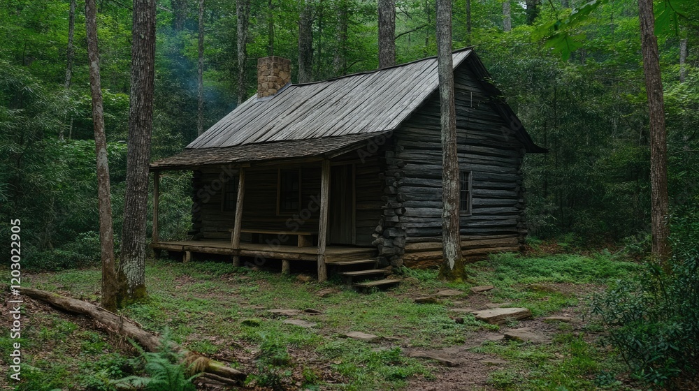 Rustic Log Cabin Nestled Deep Within A Verdant Forest Rustic Log Cabin Nestled Deep Within A Verdant Forest
