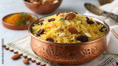 Indian Sweetened Saffron Rice (Zarda) with Dried Fruits and Nuts in a Copper Bowl
 photo