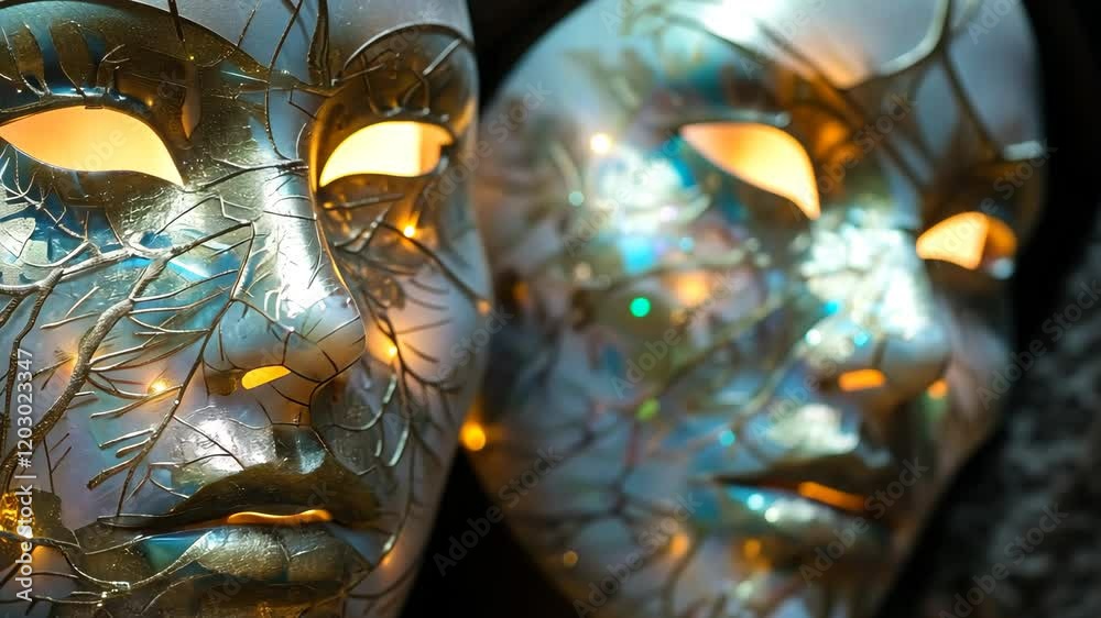 Ethereal Masks Adorned with Intricate Branch and Leaf Designs, Illuminated by Warm, Golden Lights Reflecting a Mystical Ambiance