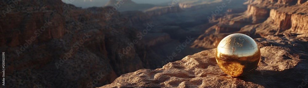Golden sphere on rocky edge overlooking vast canyon landscape, serene and distant scenery. Golden sphere on rocky edge overlooking vast canyon landscape, serene and distant scenery.