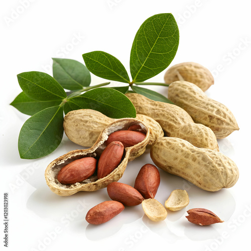 A bunch of fresh peanuts in their shells, paired with bright green leaves,