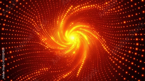 A vector design featuring a spiral vortex made of red and yellow squarish dots, forming a circular swirl. The pattern is precise, clean, and modern, with a glowing gradient effect