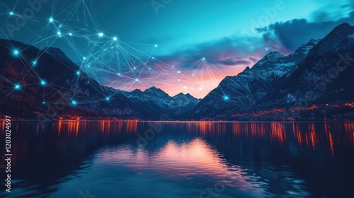 Fototapeta Naklejka Na Ścianę i Meble -  Serene Mountain Lake Reflecting Twilight Network Connections