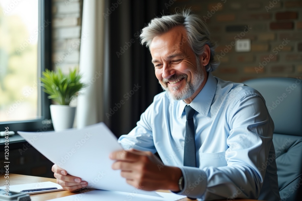 Happy Senior Businessman Reviewing Documents at Modern Workspace with Indoor Plants and Natural Light Happy Senior Businessman Reviewing Documents at Modern Workspace with Indoor Plants and Natural Light