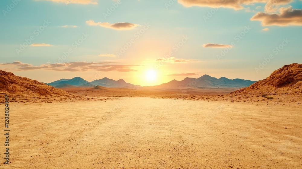 Fototapeta premium Serene Desert Landscape with Majestic Mountains and Golden Sunset Beneath a Clear Blue Sky in a Vibrant Scene