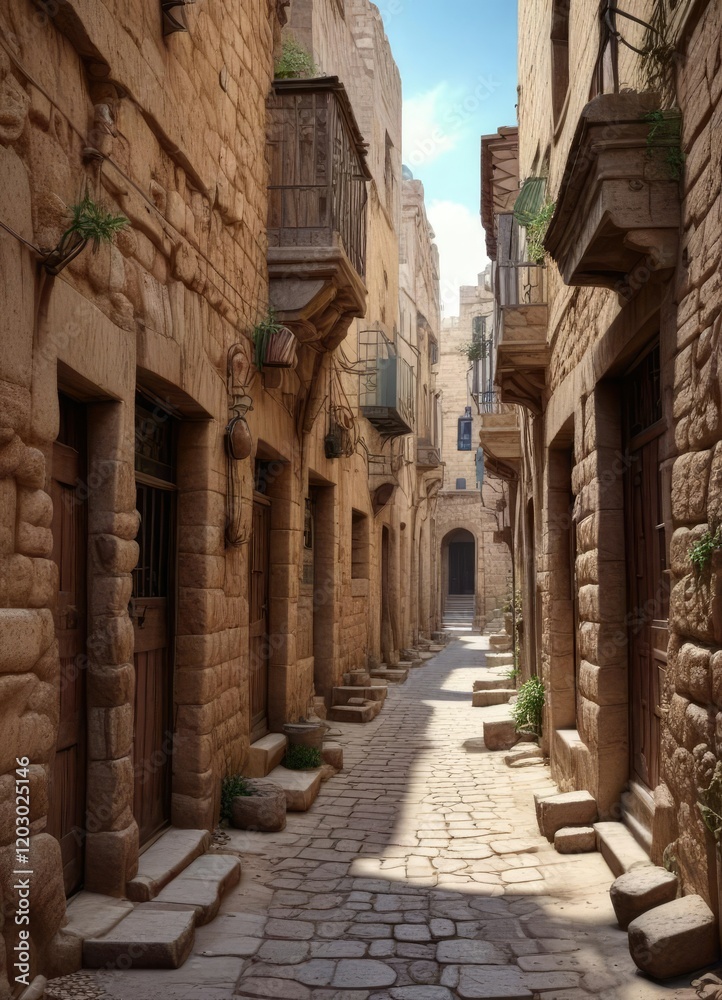 Ancient city streets with old stone buildings and narrow alleys in Bethlehem, ancient streets, daily life Ancient city streets with old stone buildings and narrow alleys in Bethlehem, ancient streets, daily life