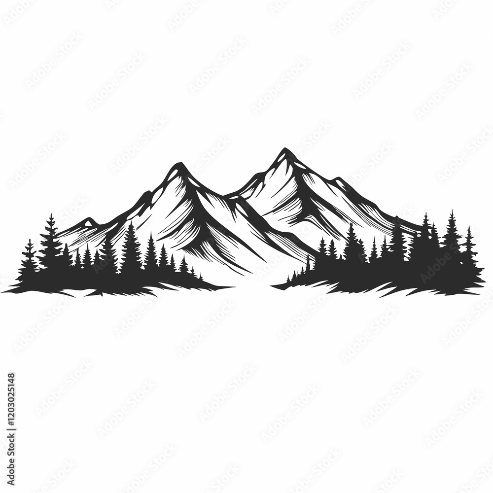 A mountain range with trees and a white background. The trees are black and the mountains are white A mountain range with trees and a white background. The trees are black and the mountains are white