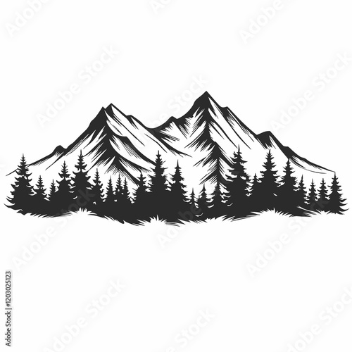 A mountain range with trees and a white background. The trees are black and the mountains are white
