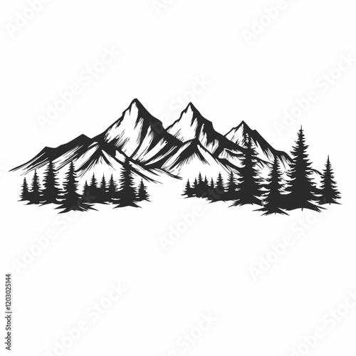 A mountain range with trees and a white background. The trees are black and the mountains are white