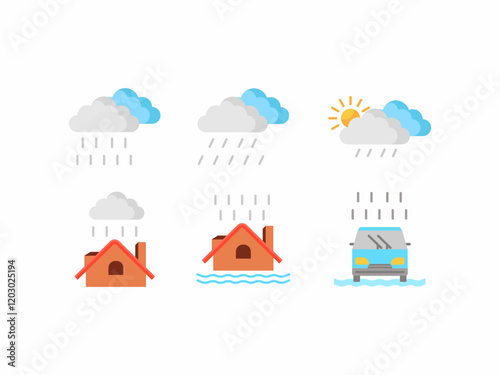 
The line icon image of the rain Six weatherrelated symbols depict rain, sunshine, and flood damage to property. Ideal for weather forecasting articles or home insurance websites.
 photo