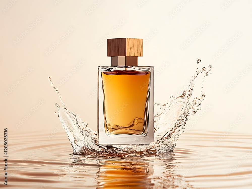 A bottle of light brown perfume, with a wooden cap and glass body, placed on the water's surface against a white background A bottle of light brown perfume, with a wooden cap and glass body, placed on the water's surface against a white background