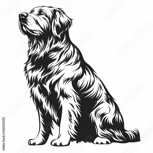 A dog is sitting on the ground. It has long hair. The dog is black and white