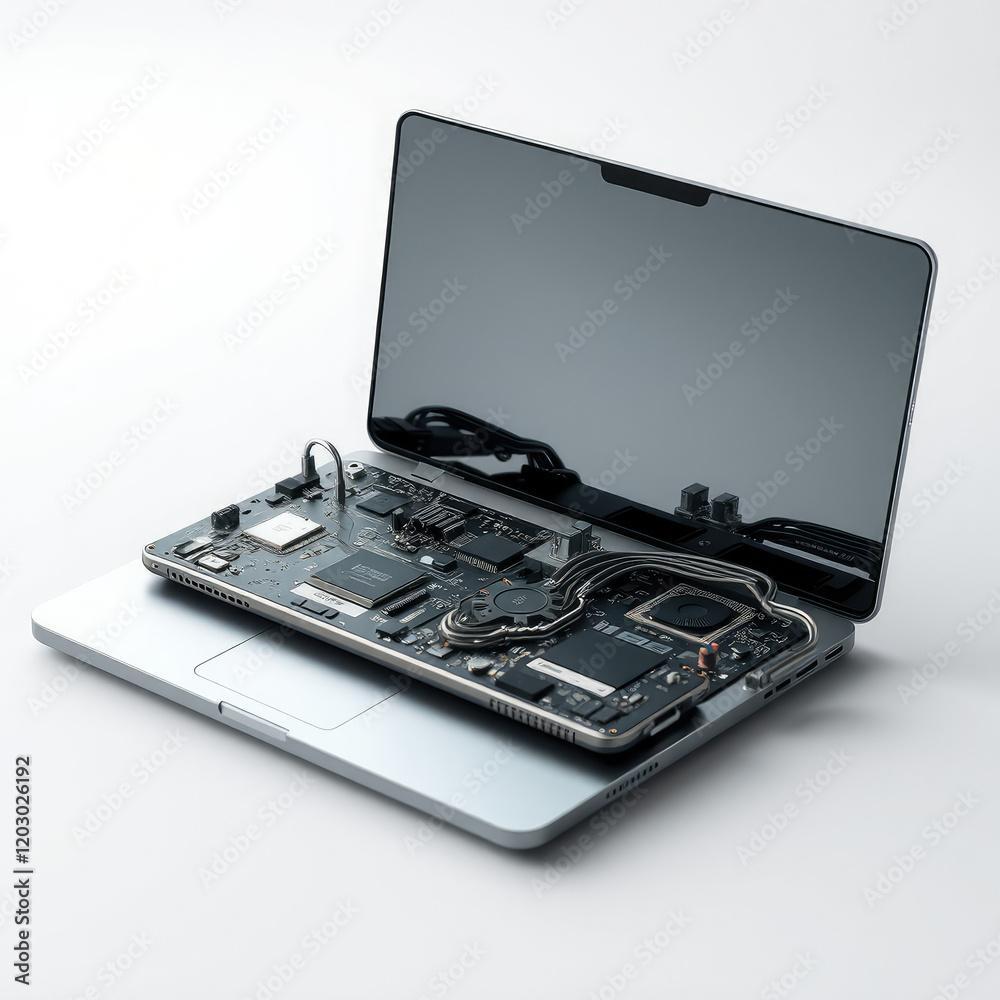 Close-up of laptop circuit board and smartphone components, modern design, technology, electronics, tech Close-up of laptop circuit board and smartphone components, modern design, technology, electronics, tech