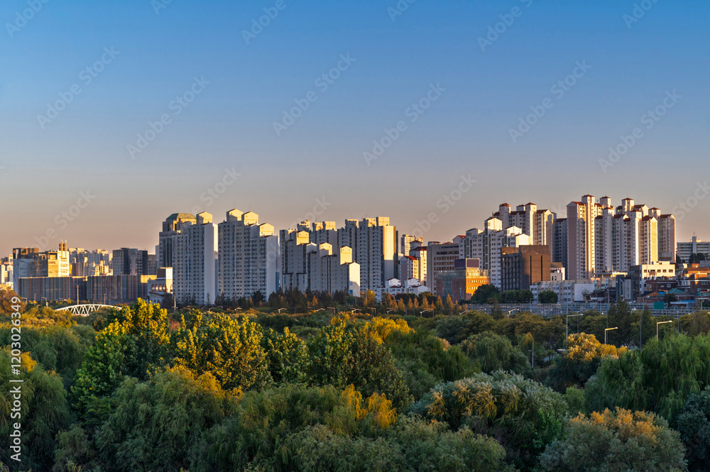 Aerial view of Yeouido Saetgang Ecological Park in autumn season with skyscrapers and modern buildings cityscape, Seoul city, Republic of Korea