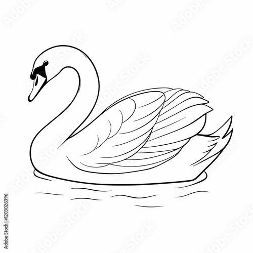 A swan is swimming in the water. The swan is white and has a black beak