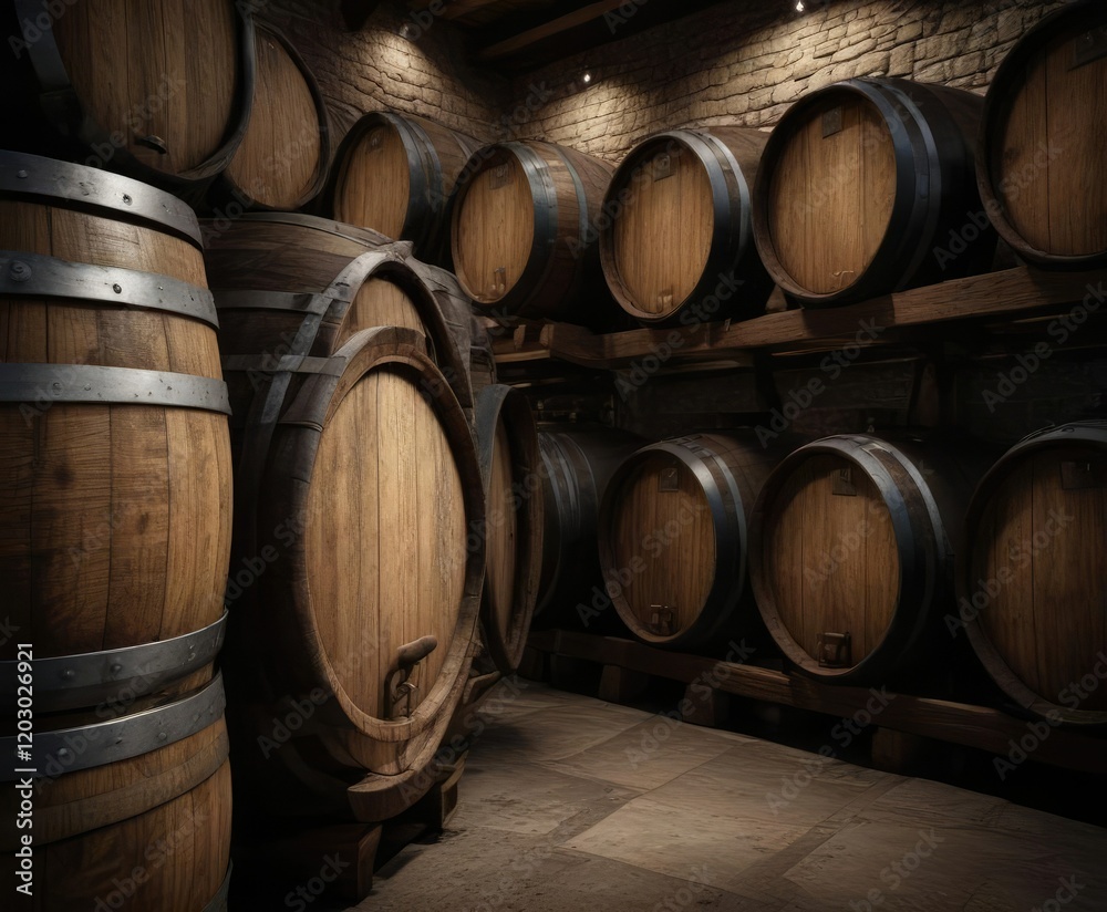 Close-up of a wine barrel stacked with other barrels in a dark cellar, barrel, fermenting, vintage, storage Close-up of a wine barrel stacked with other barrels in a dark cellar, barrel, fermenting, vintage, storage