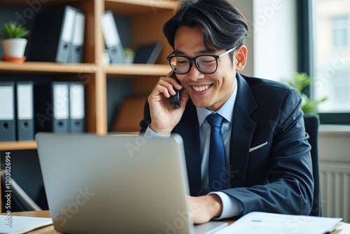 Professional Asian Businessman in Glasses Enjoying Phone Conversation While Working on Laptop in Modern Office Environment photo