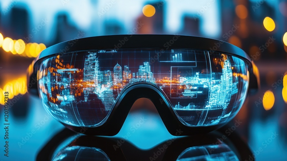 Futuristic Smart Glasses Displaying Cityscape Data Futuristic Smart Glasses Displaying Cityscape Data