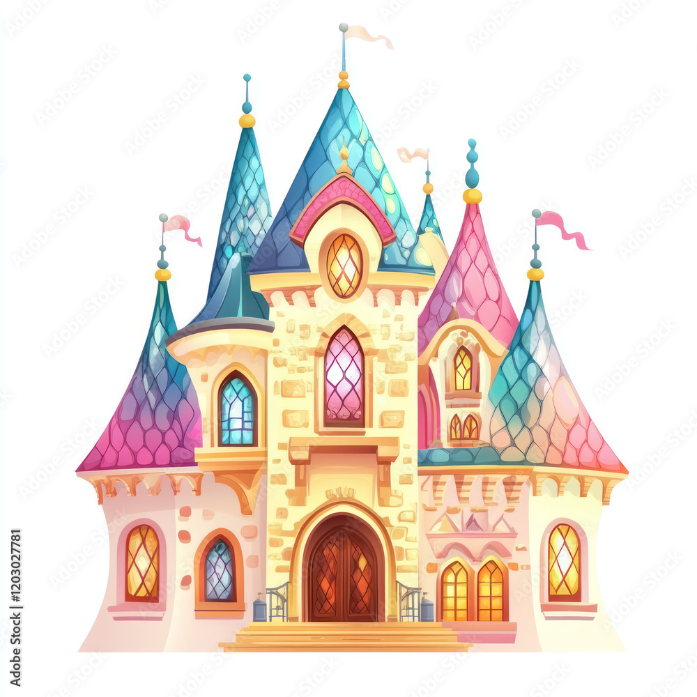 Fototapeta premium Illustration - Whimsical Fairytale Castle with Colorful Turrets, Flags, and Arched Windows
