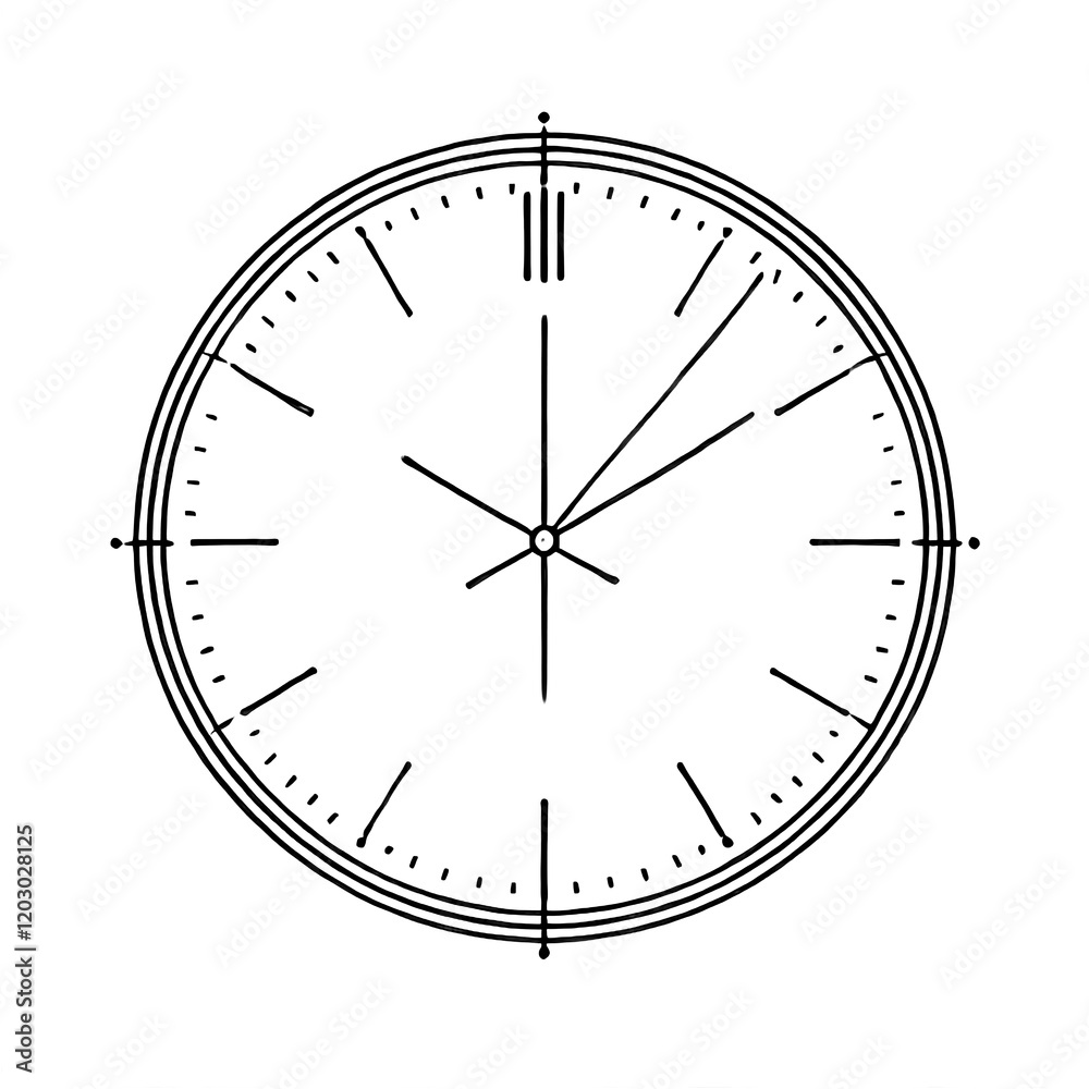 A minimalist clock line sketch on a white background, with simple hour and minute hands. A minimalist clock line sketch on a white background, with simple hour and minute hands.