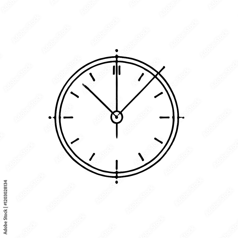 A minimalist clock line sketch on a white background, with simple hour and minute hands. A minimalist clock line sketch on a white background, with simple hour and minute hands.