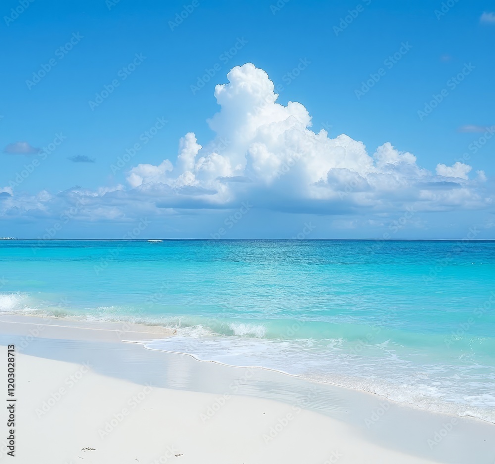 Fototapeta premium White sand beach and turquoise water under blue sky with clouds