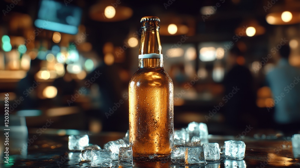 Cold beer bottle on bar counter with ice Cold beer bottle on bar counter with ice