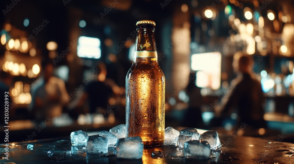 Cold beer bottle on bar counter with ice Cold beer bottle on bar counter with ice