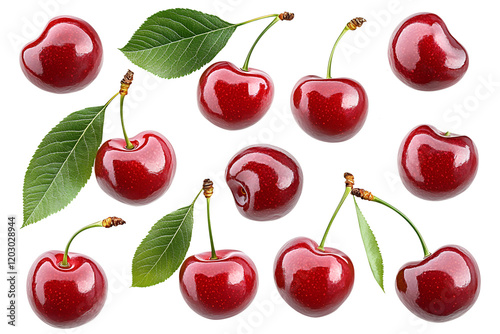 Cherries in flight isolated on transparent background