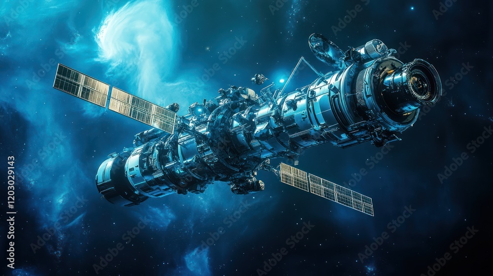 A futuristic space station orbits a nebula in deep space A futuristic space station orbits a nebula in deep space