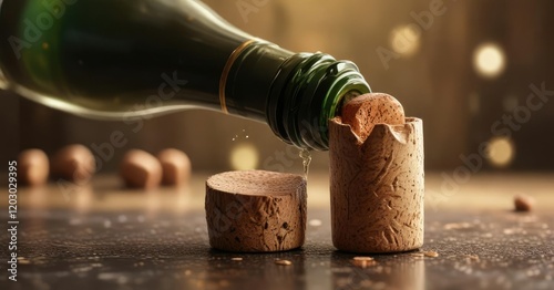 Champagne cork being removed from a bottle, with a blurred background, cork removal, twisting motion, unsealing photo