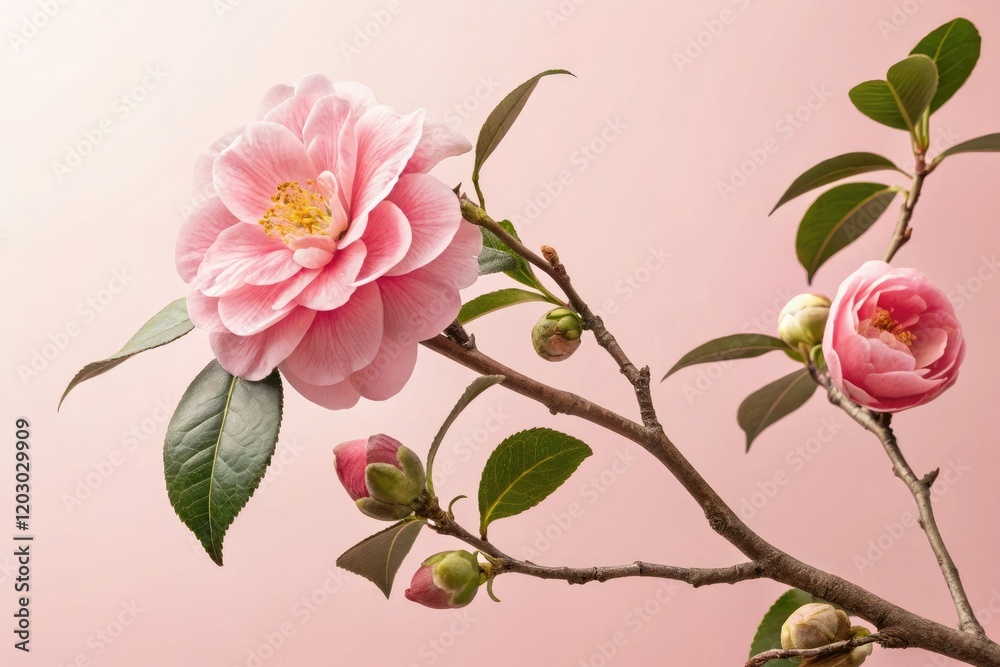 Fototapeta premium Camellia bloom in full bloom on a branch against a soft pink background, blooming camellia, garden blooms, spring flowers, blossom