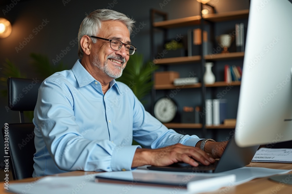 Senior Male Professional Working from Home, Smiling While Using Computer, Enjoying Modern Workspace with Decor and Millennial Touches Senior Male Professional Working from Home, Smiling While Using Computer, Enjoying Modern Workspace with Decor and Millennial Touches