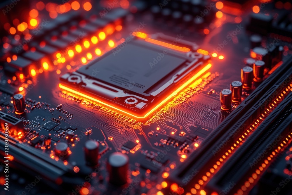 Glowing computer motherboard with CPU. Glowing computer motherboard with CPU.
