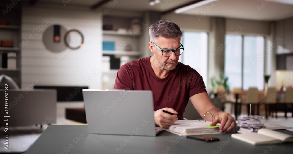 Fototapeta premium Man Doing Taxes And Family Budget