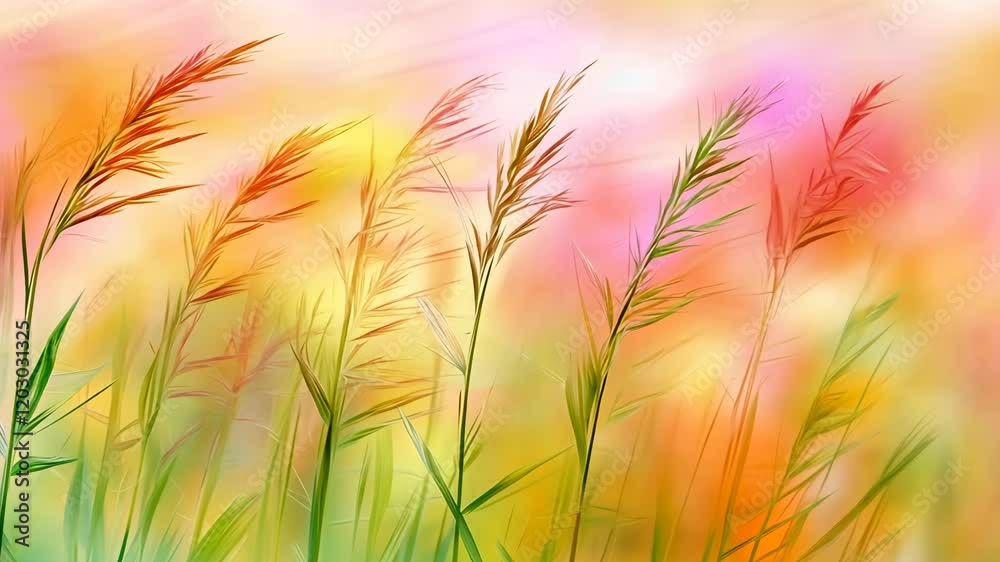 Colorful sunset light illuminates swaying grass in a serene field during warm summer evening Colorful sunset light illuminates swaying grass in a serene field during warm summer evening