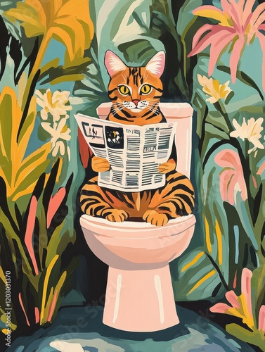 Funny cat reading newspaper on toilet	