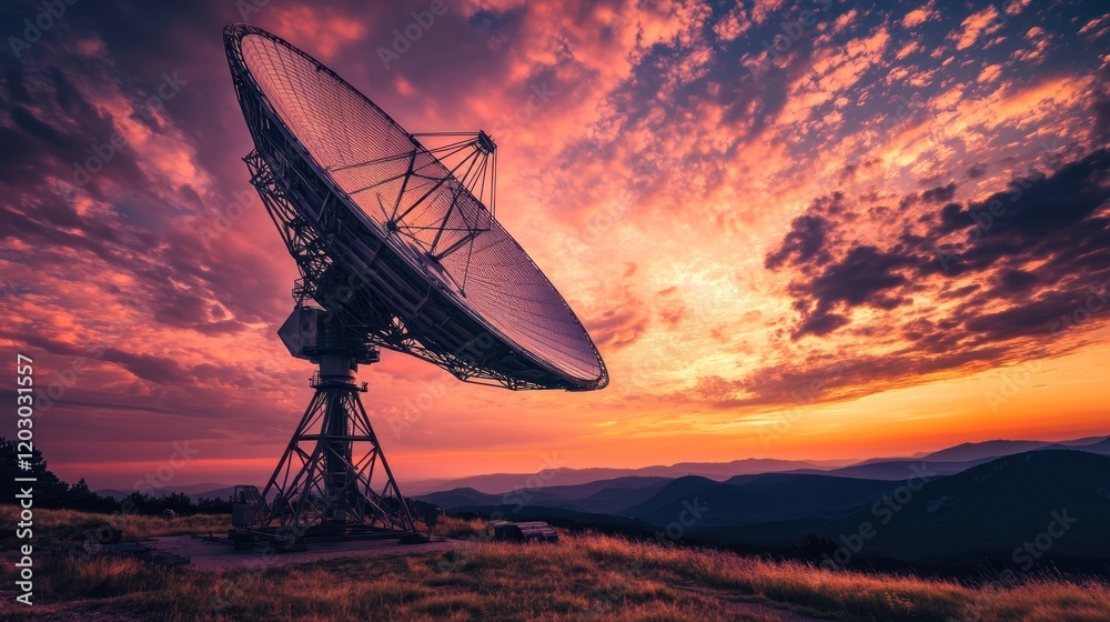 Radio Telescope at Sunset Over Mountain Ranges Radio Telescope at Sunset Over Mountain Ranges