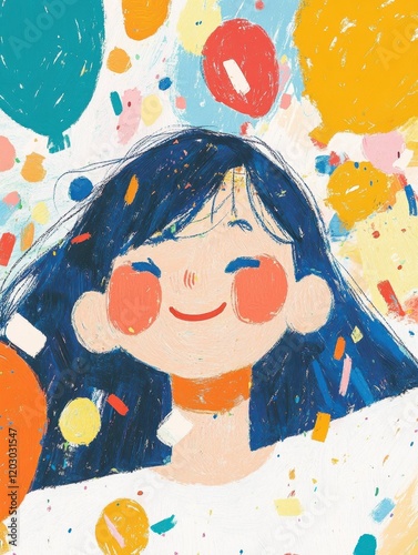 Happy girl with candle in colorful background	 photo