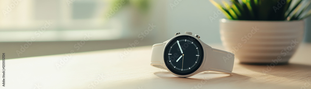 Smartwatch on wooden desk displaying timer app, modern design Smartwatch on wooden desk displaying timer app, modern design